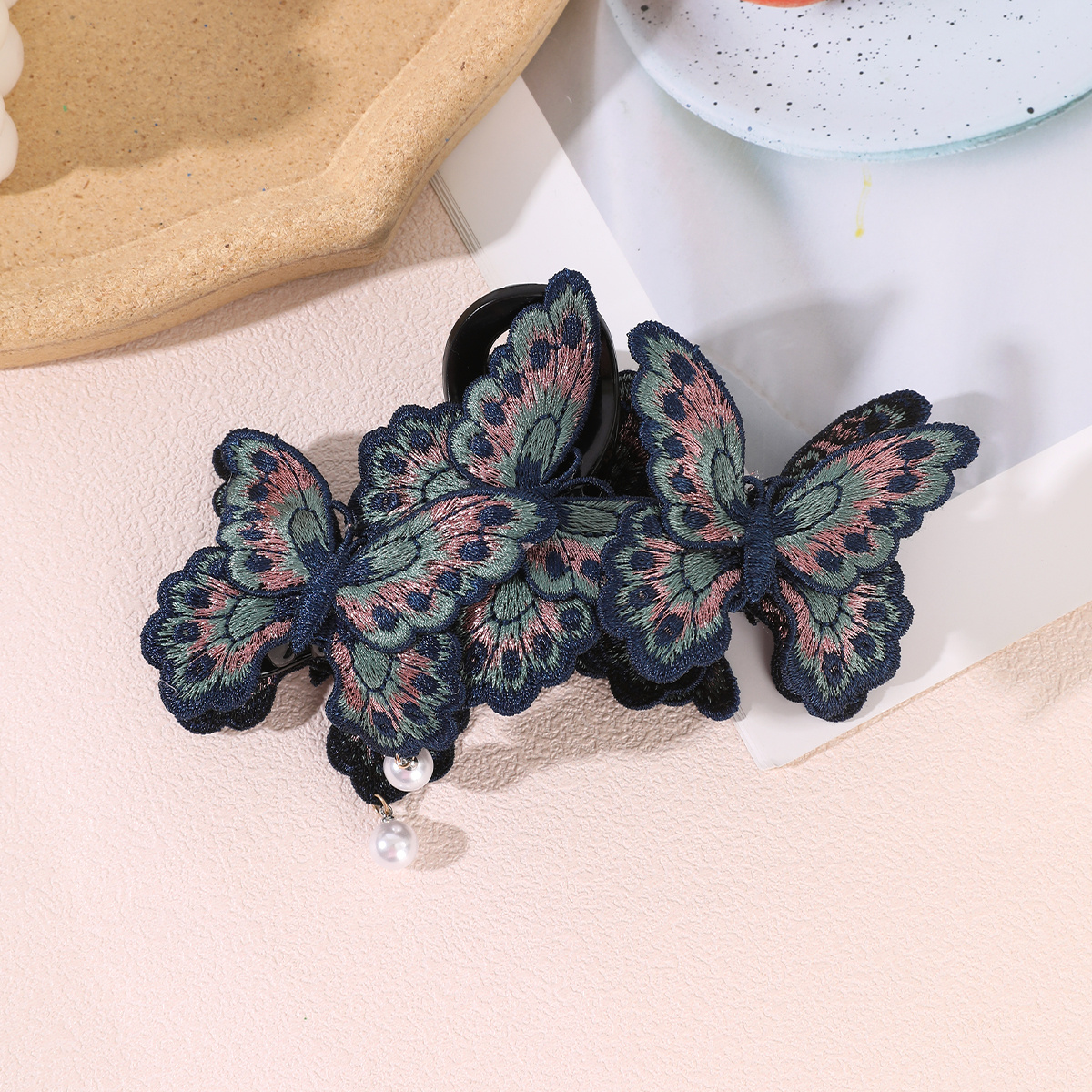 Vintage Teal Butterfly Embroidered Hair Claw Clip, Elegant Accessory